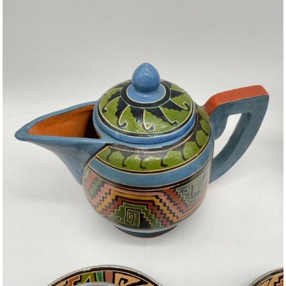 Mid-Century Hand-Painted Mexican Tlaquepaque Pottery Coffee & Tea Set 6 Cups - Picture 6 of 9